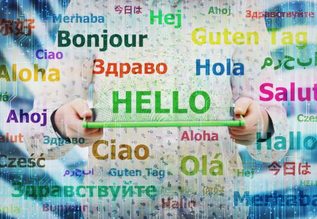 The word hello appears in different colors and languages.