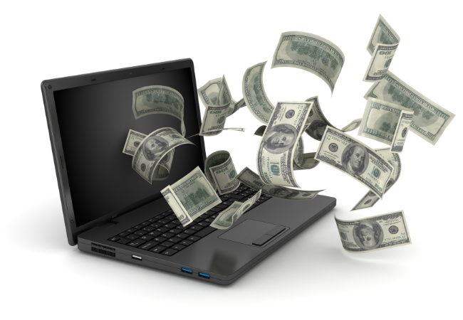 A laptop with dollar bills coming out of it shows how being a professional translator can help you make money.