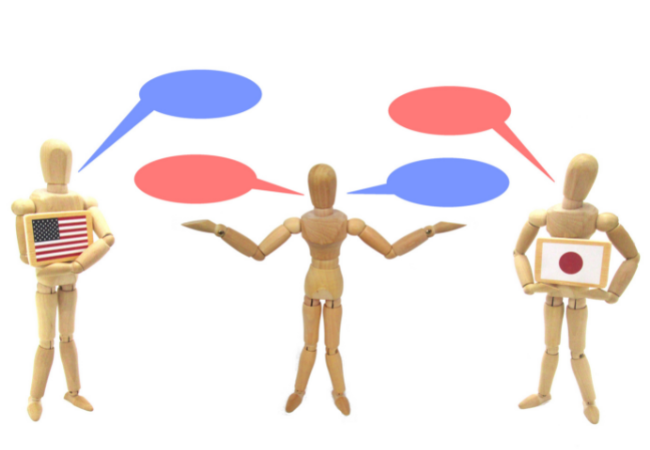 A wooden stick figure interprets between two other stick figures, each holding their country's flag.